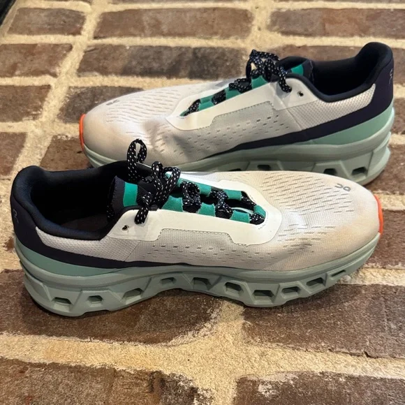 On CloudMonster Women’s size 8.5 Running Shoes in White, Mint, Navy, and Orange - Picture 7 of 8
